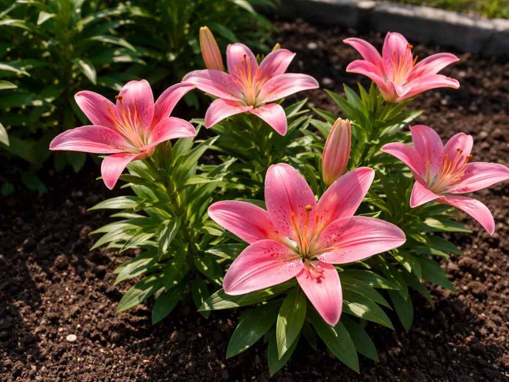 Pink lilies in a garden bed basking in strong direct sunlight on sunny soil.