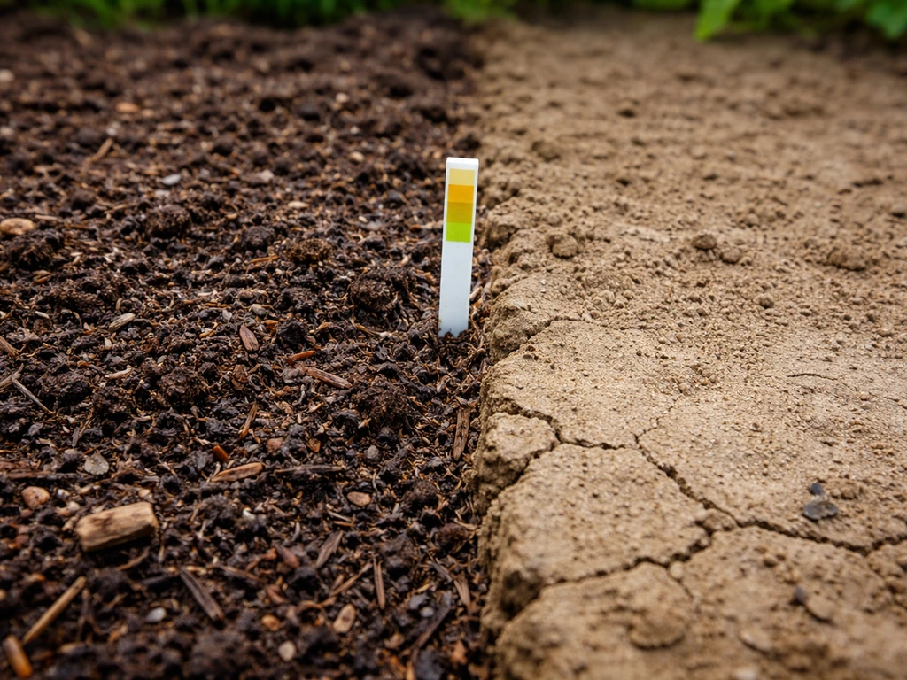Close-up contrasting loose well-draining composty soil with compacted clay, plus a soil test strip cue.