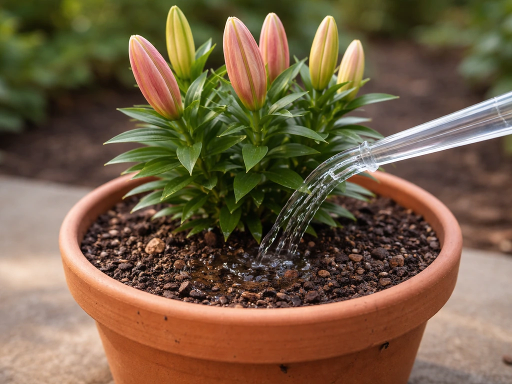 Pink lilies in a terracotta pot with quality potting mix, water poured at the base.