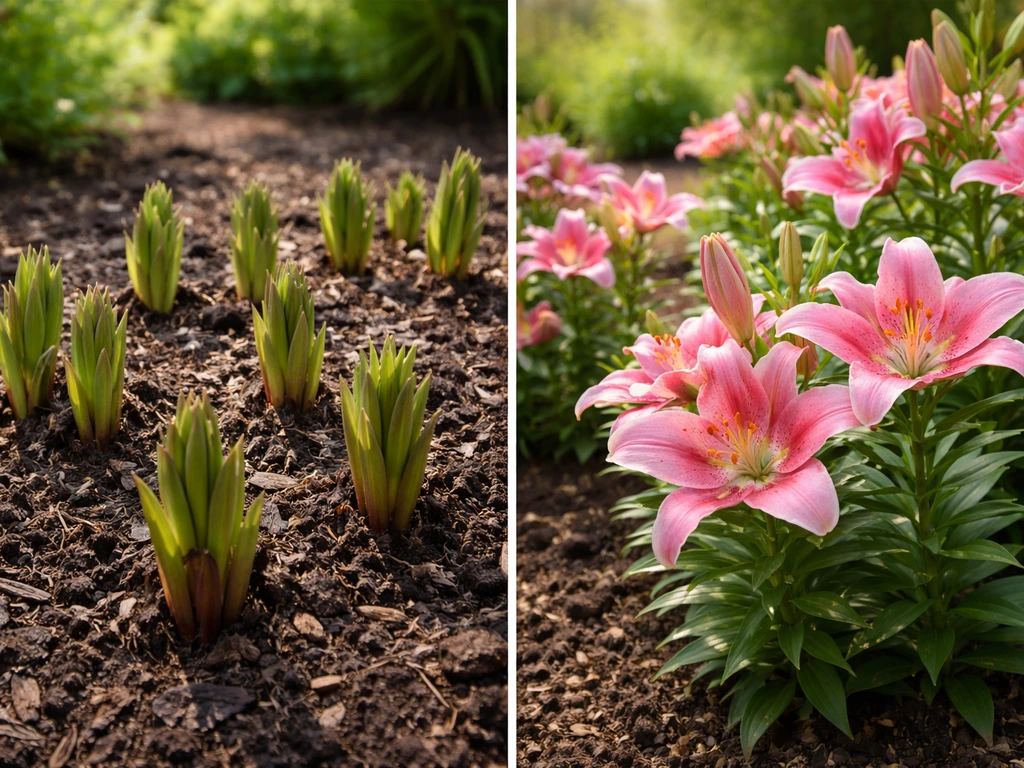 Close view of pink lilies—spring shoots emerging and a few blooms nearby in the same garden bed.