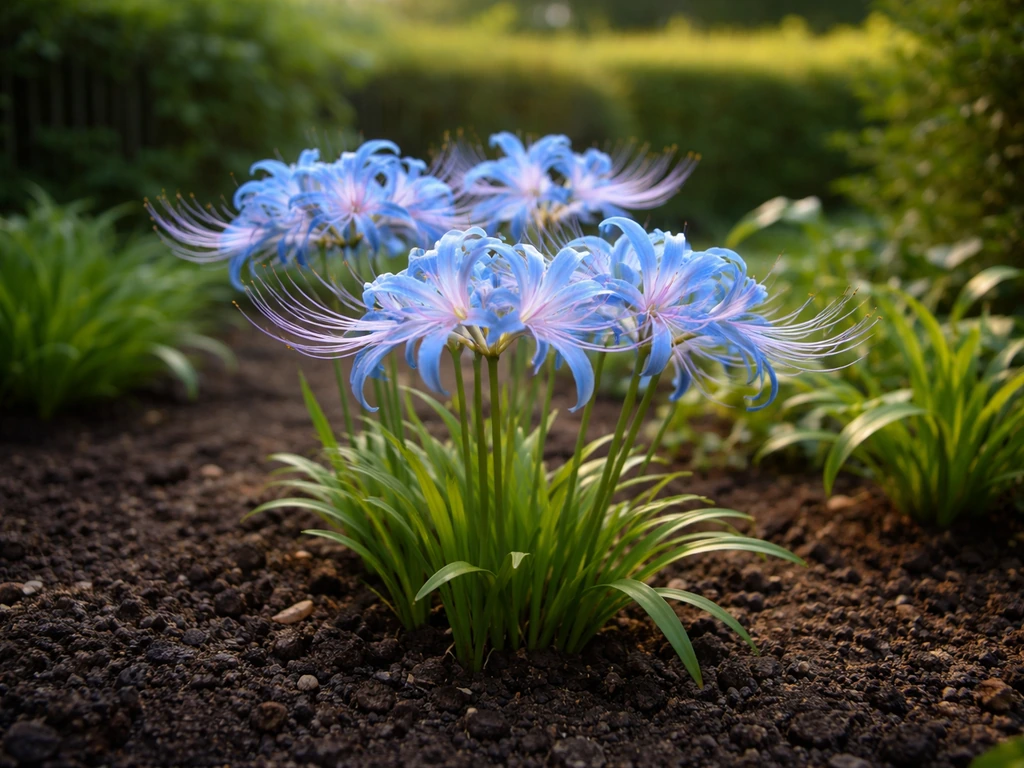 Vivid blue spider lily blooms in a simple garden bed with green leaves and soil.