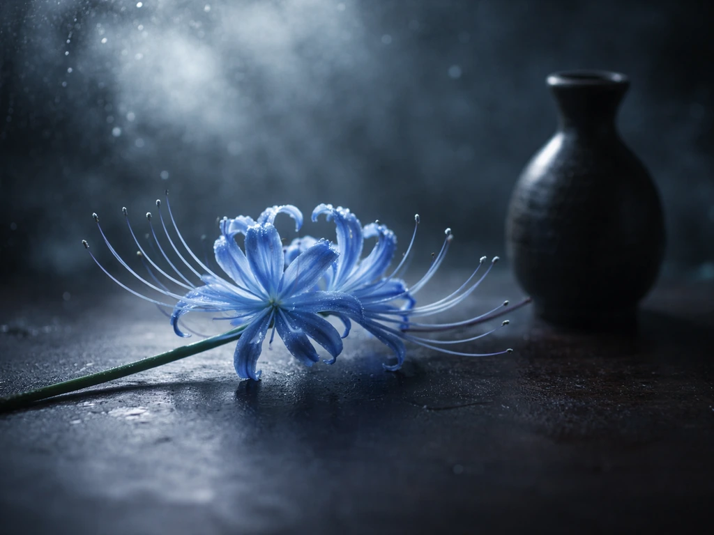 Moody blue spider lily beside a dark, icy-themed artifact in an empty, minimalist setting