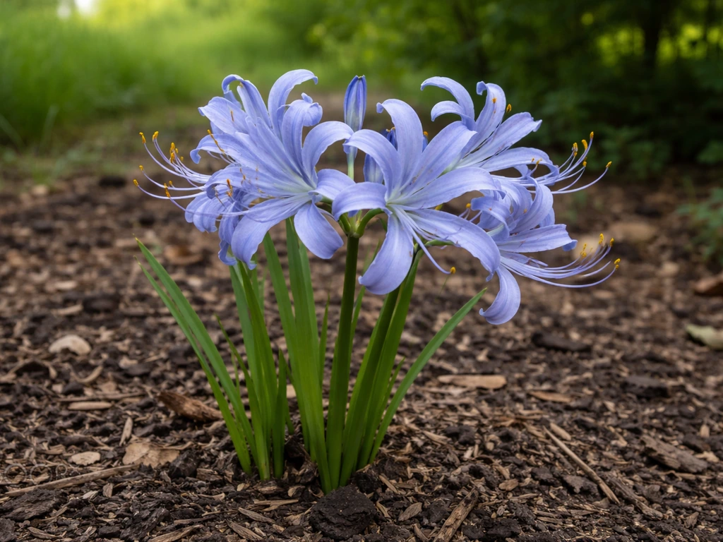Close-up of blue-purple spider lily (Lycoris) flowers and green foliage in natural garden light.