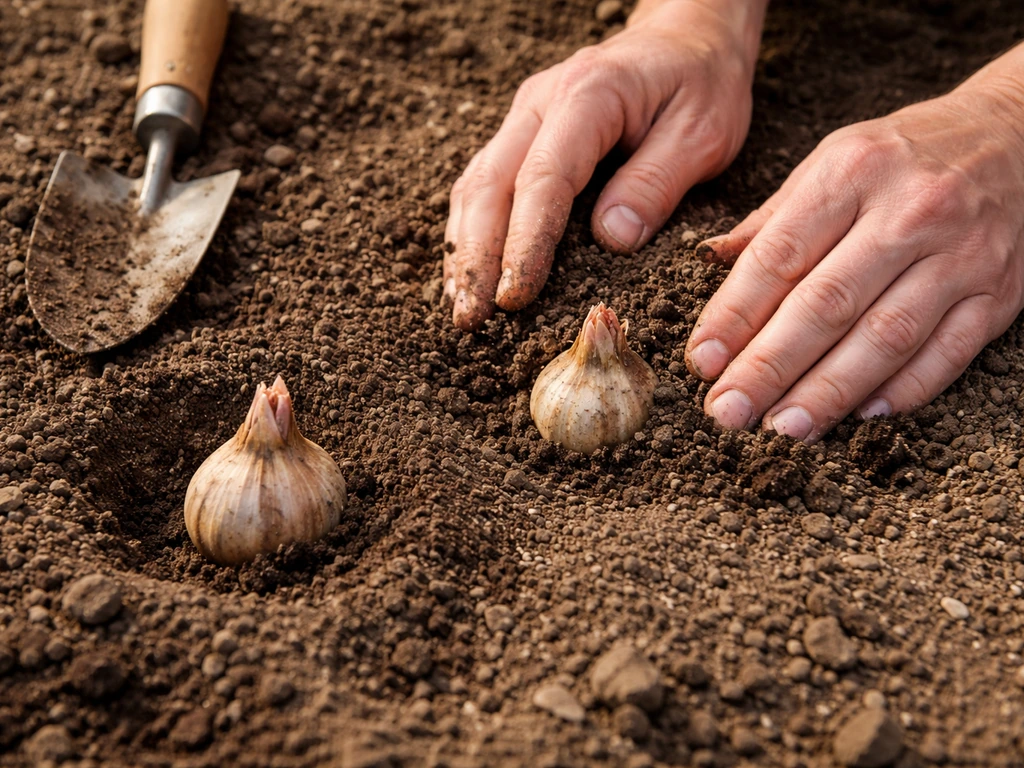 Close-up of a bulb being planted shallowly in well-drained soil with a second bulb nearby