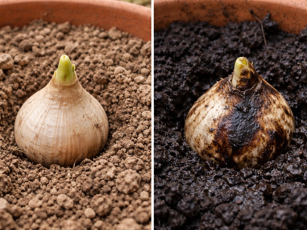 Split view of healthy Lycoris bulb with sprout and another bulb in soggy, dark rot-prone soil in a pot.