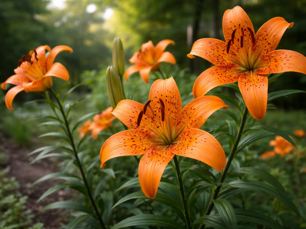 Vibrant orange tiger lily blooms in a natural garden bed with green foliage