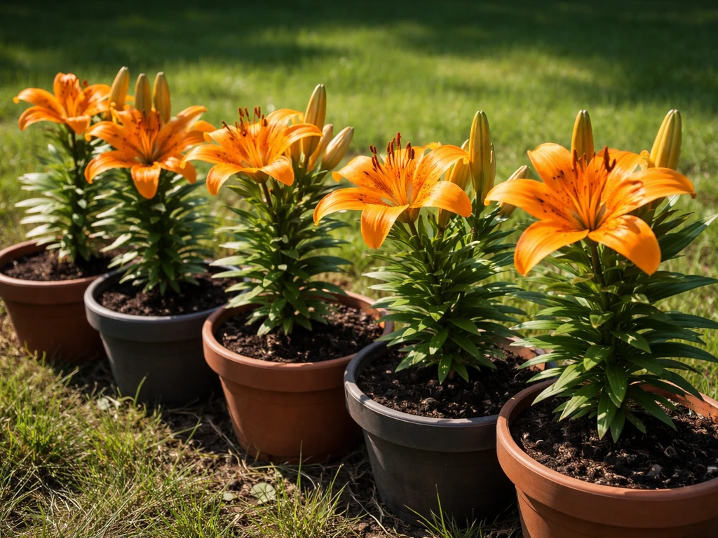 Tiger lilies in pots positioned to receive bright direct sunlight in a clear yard