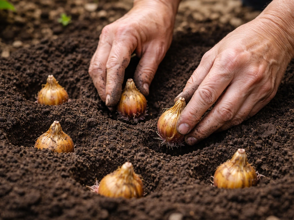 Hands placing tiger lily bulbs into evenly spaced holes at the right depth in prepared soil