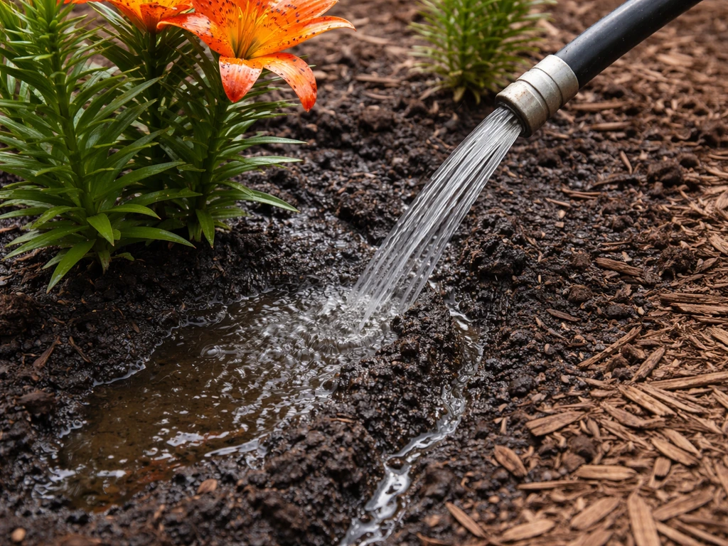 Watering a tiger lily bed with deep, slow watering from a garden hose