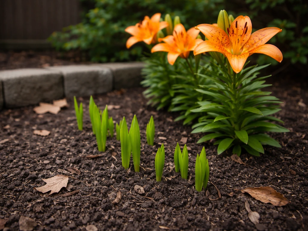 Tiger lilies thriving outdoors with early spring shoots and later summer blooms in a tidy backyard bed.