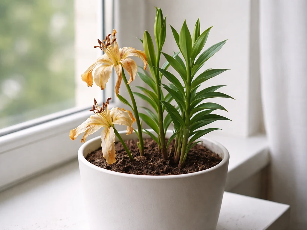 Indoor potted true lily on a windowsill with spent blooms and fresh green regrowth