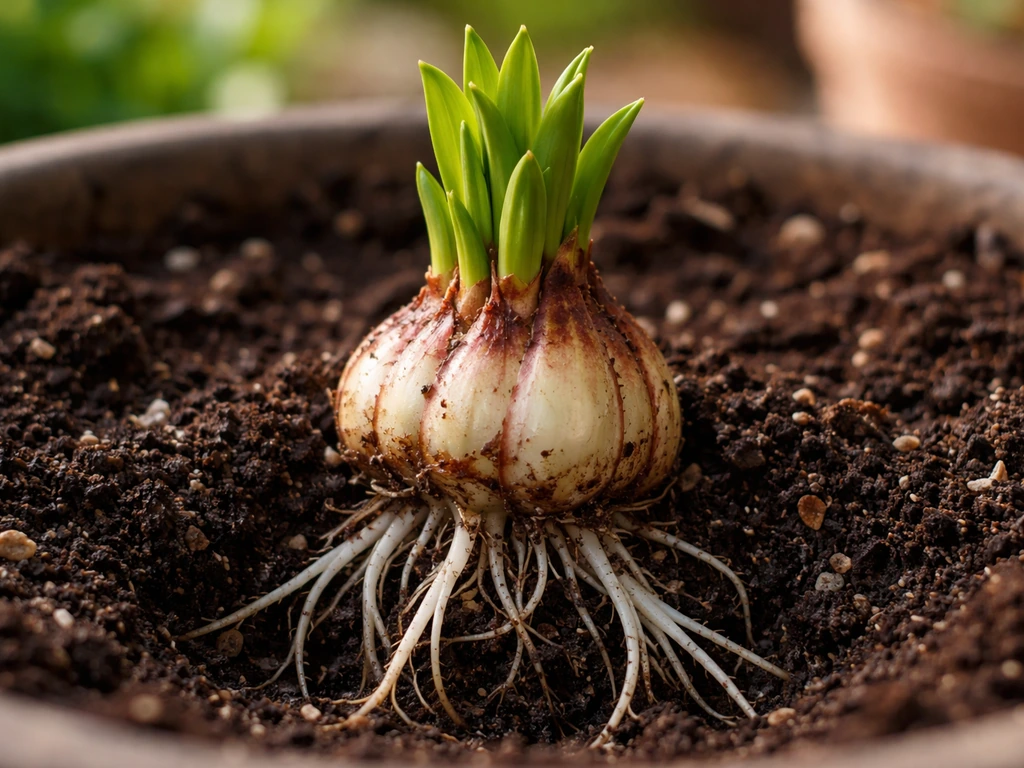 Close-up of a true lily bulb in soil with roots and fresh shoots emerging, showing regrowth.