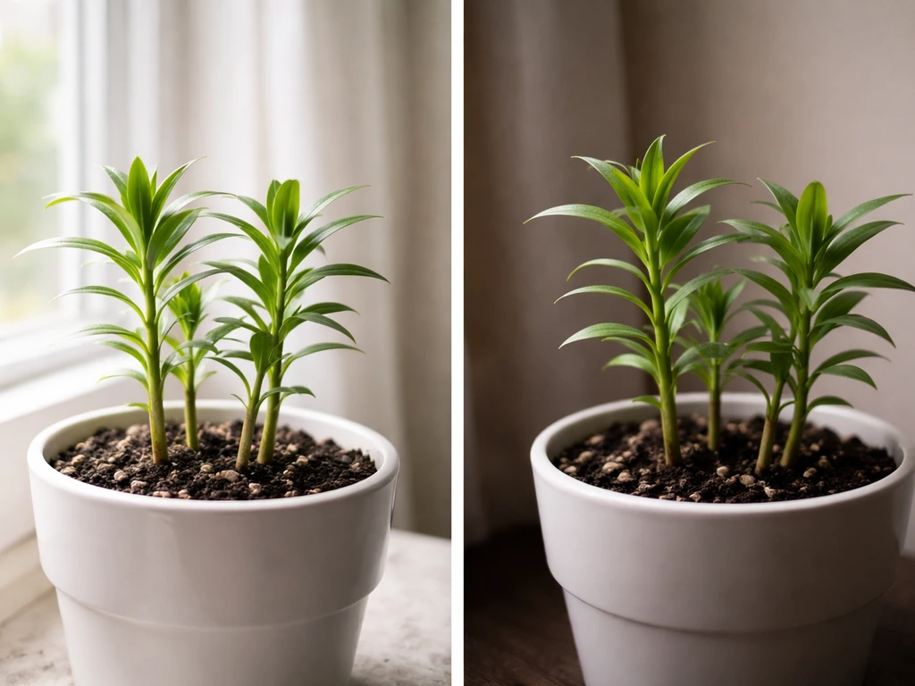 Side-by-side photo of potted lilies in bright window light versus a dim indoor corner.