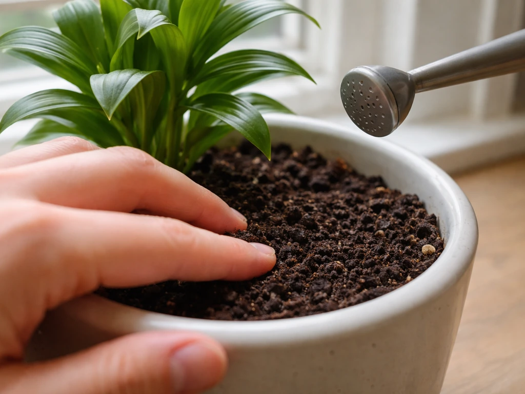Hand tests the top inch of soil in a potted lily, ready to water only when it’s dry.