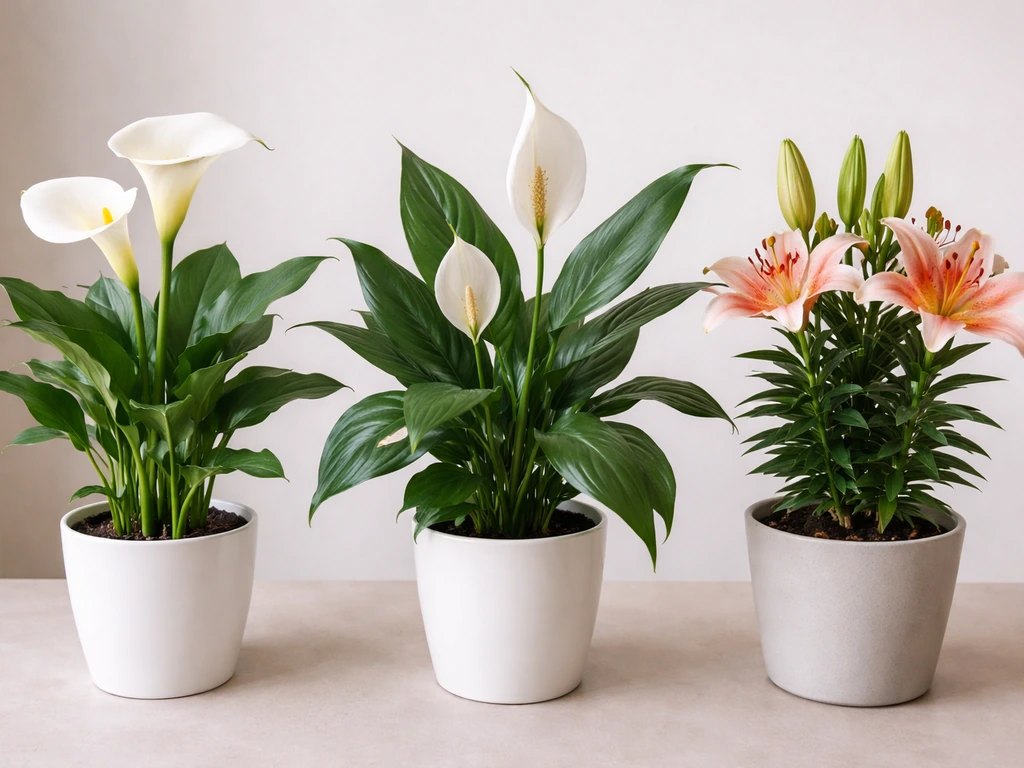 Three different lily-type plants on a table, showing distinct flower and leaf shapes for comparison.