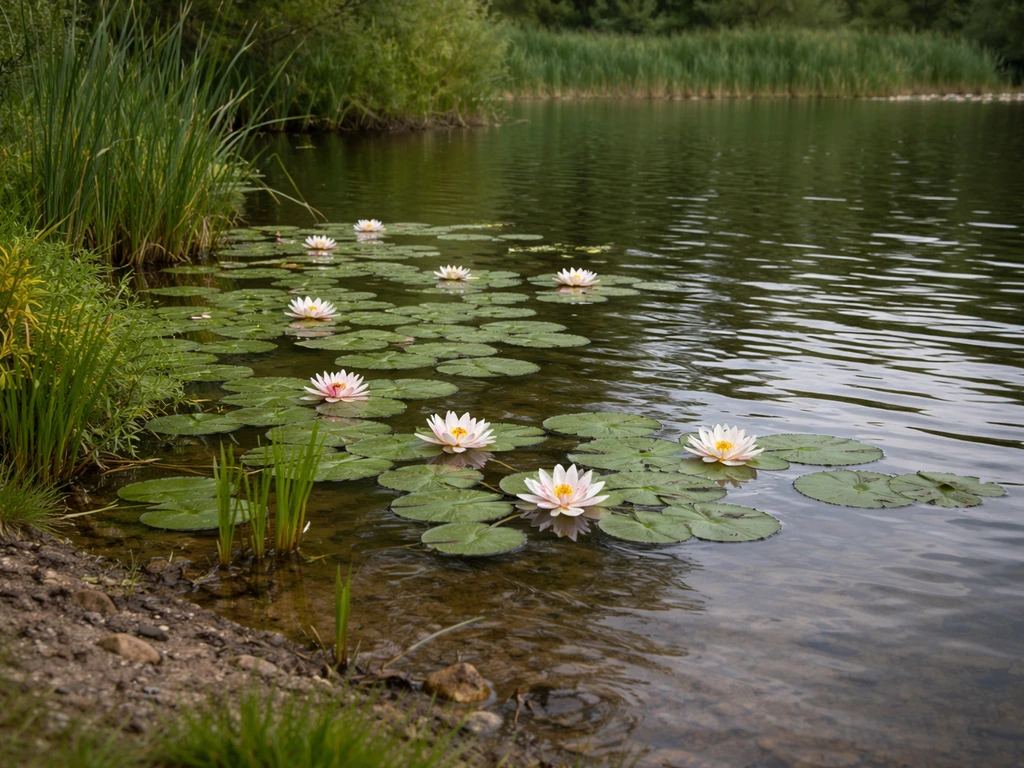 Water lilies with broad floating leaves on a natural pond, framed by pond-edge vegetation and shoreline plants.