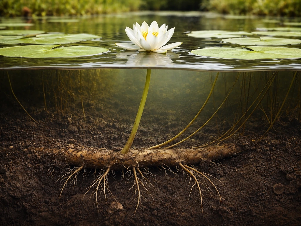Water lily growth sequence in a pond: rhizome in sediment, roots down, stems up, leaves and flower at surface.