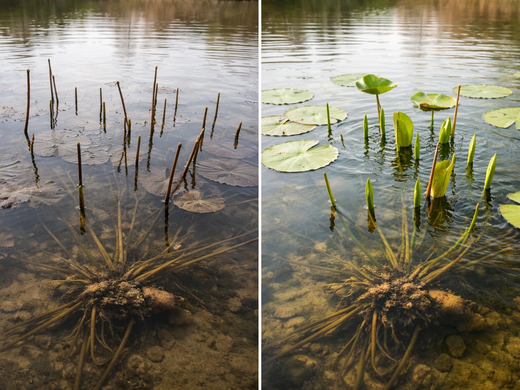 Winter water lilies with bare stems contrasted by early-spring leaves emerging from a pond bottom.