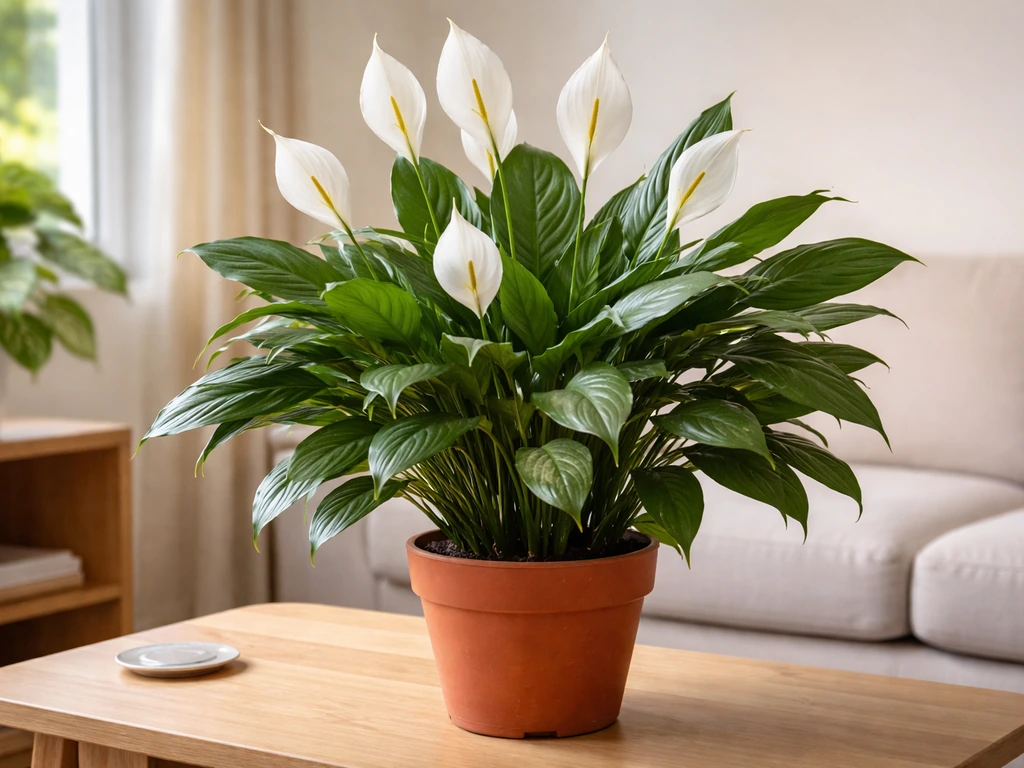Mature peace lily with wide spread and white blooms in a terracotta pot on a wooden tabletop indoors.