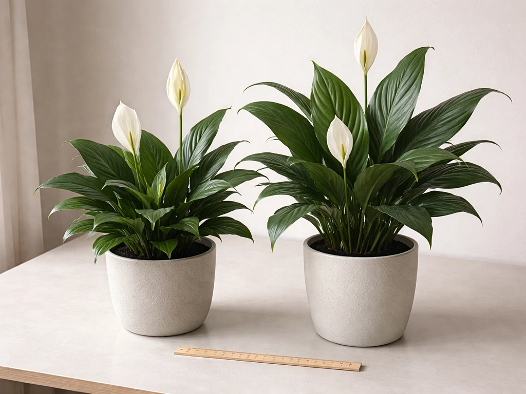 Two peace lily plants in similar pots, showing compact and standard growth size differences.