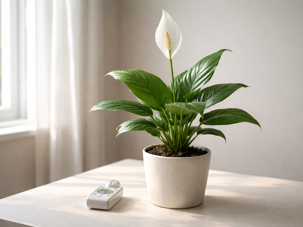 Peace lily in a bright room near a window, with a small distance indicator object beside it.