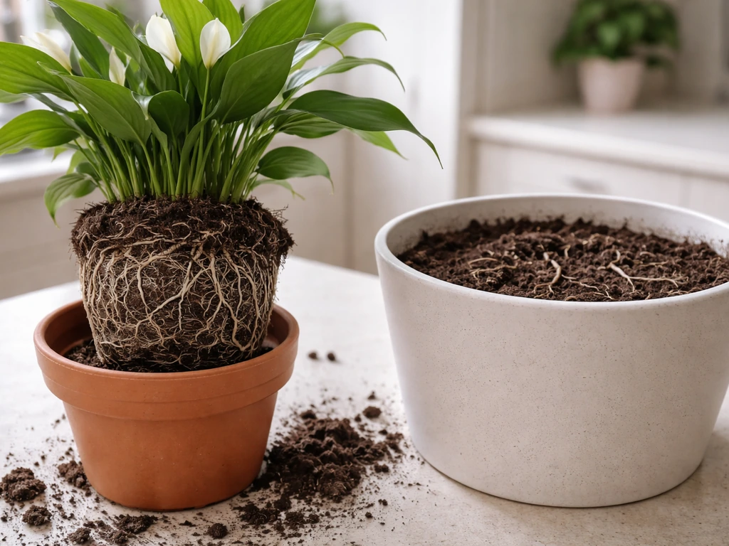 Peace lily lifted from a small pot showing root crowding, with a larger pot nearby for healthy spacing.