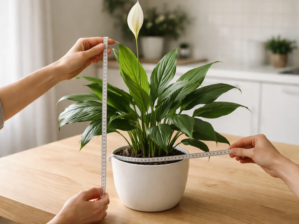 Hands measuring a peace lily’s height and widest canopy spread with a tape measure on a table.