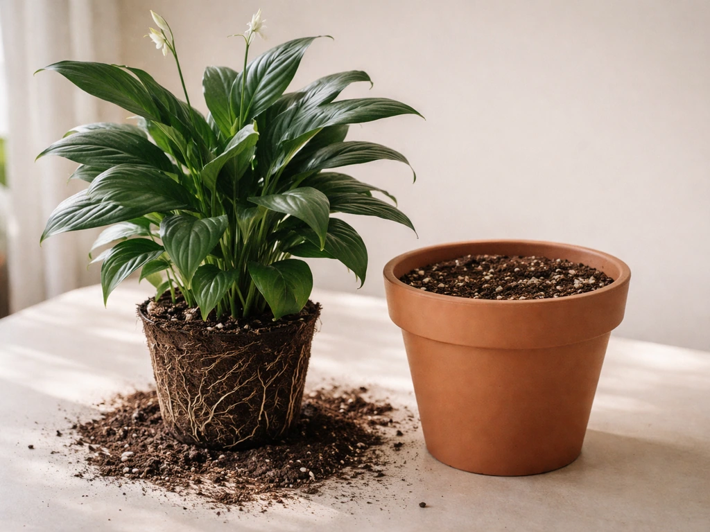 Peace lily being moved into a slightly larger pot with fresh potting mix for growth.