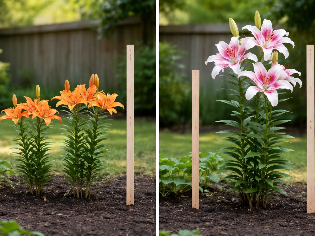 Side-by-side Asiatic and Oriental lilies in a garden, with height stakes showing different mature growth.