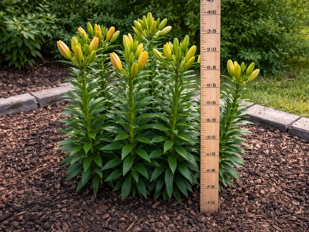 Asiatic lily plants in an in-ground garden next to a measuring stake for height context