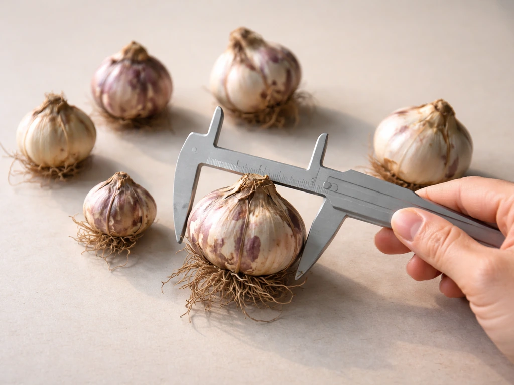 Different lily bulbs on a tabletop with a hand and caliper measuring one bulb’s diameter.