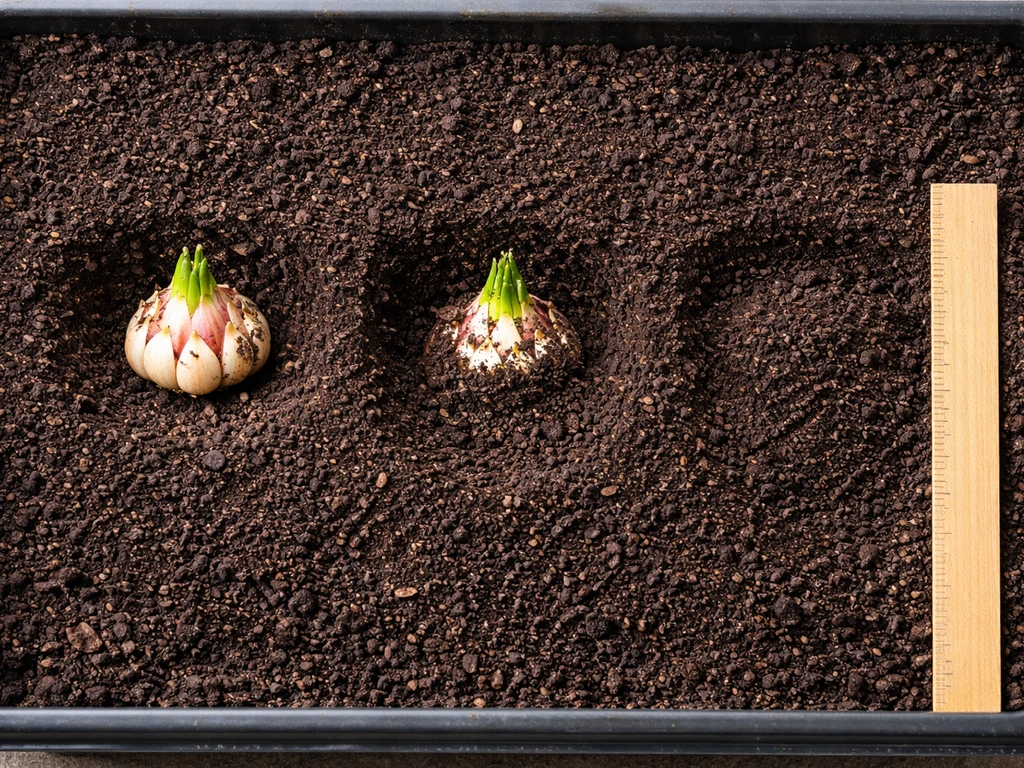 Top-down view of lily bulbs placed at correct, shallow, and deep depths in soil with a nearby ruler.