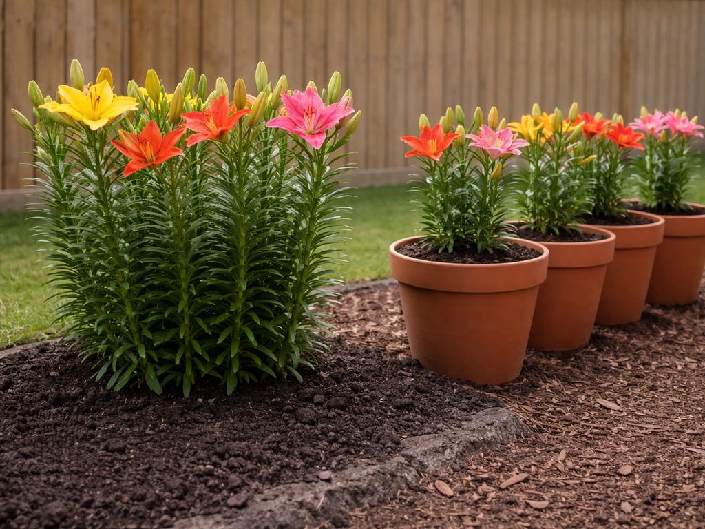 Asiatic lilies in an in-ground bed and in large pots side-by-side in a garden, similar growth stage.