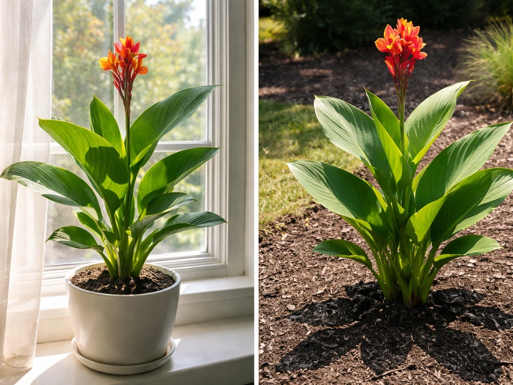 Side-by-side: indoor potted canna near window light versus outdoor canna in direct sun bed.