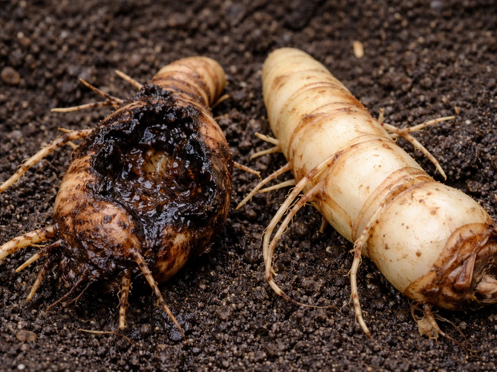 Close-up comparison of soft, mushy canna rhizome with a healthy firm rhizome on soil
