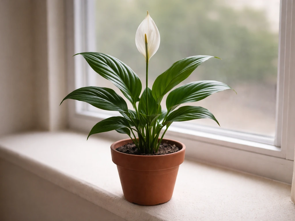 Peace lily thriving in a small pot, lush green leaves in soft natural light.