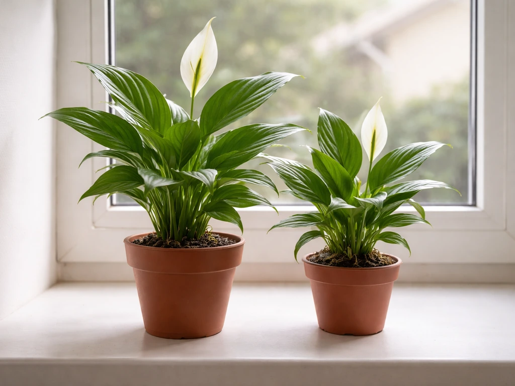Peace lily in a small snug pot beside another visibly too-small pot with tight roots implied