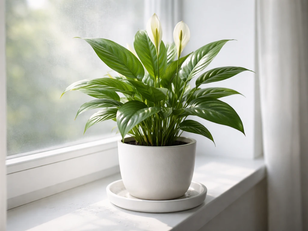 Peace lily on a windowsill with a light misting tray setup for humidity.