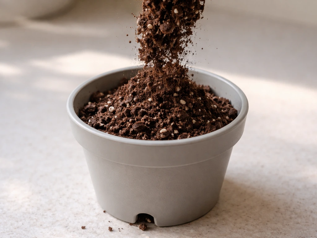 Close-up of peat-based potting mix being poured into a small container with visible bottom drainage hole