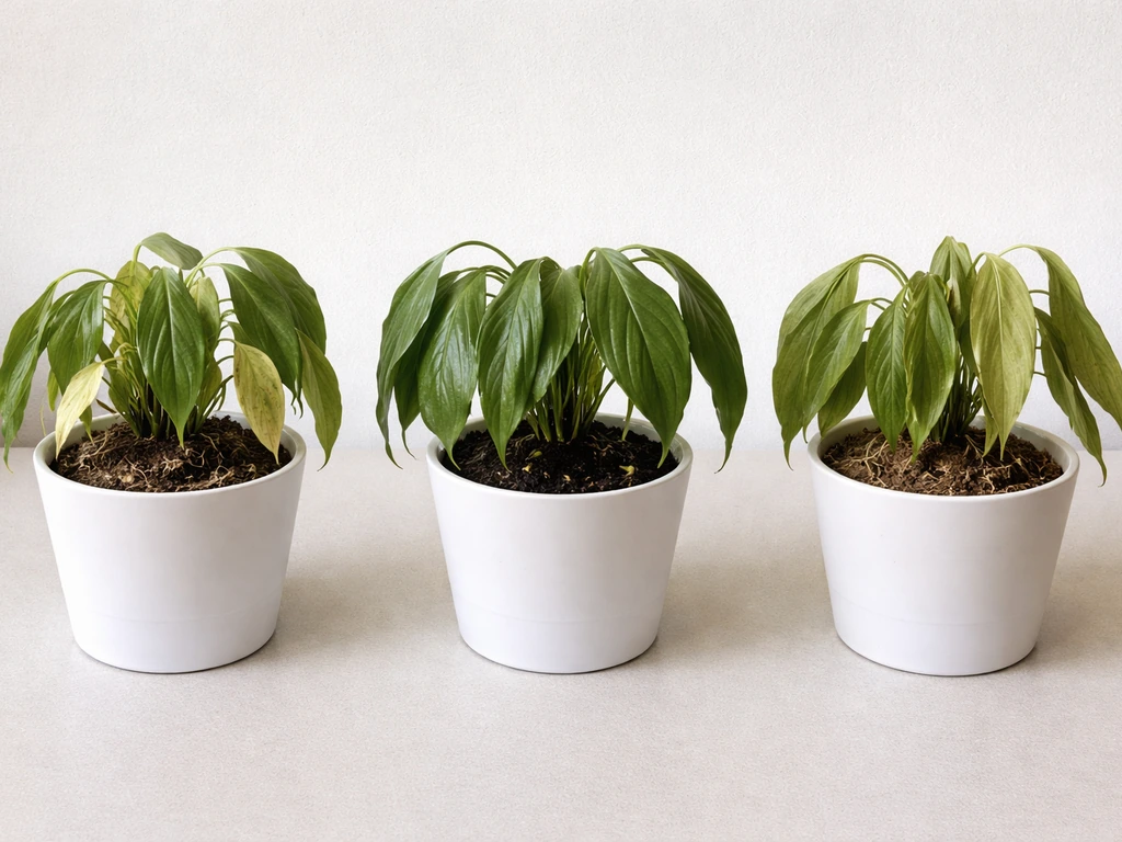 Three small peace lily plants in separate pots showing root-bound, overwatered, and underwatered conditions