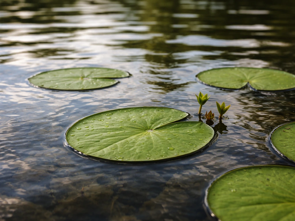 Sunlit pond with mature lily pads and a few fresh sprouts, water ripples visible around the leaves.