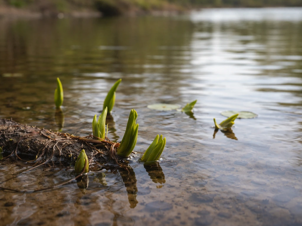 Early spring hardy water lily rhizome with small leaf shoots emerging and spreading on a pond surface.