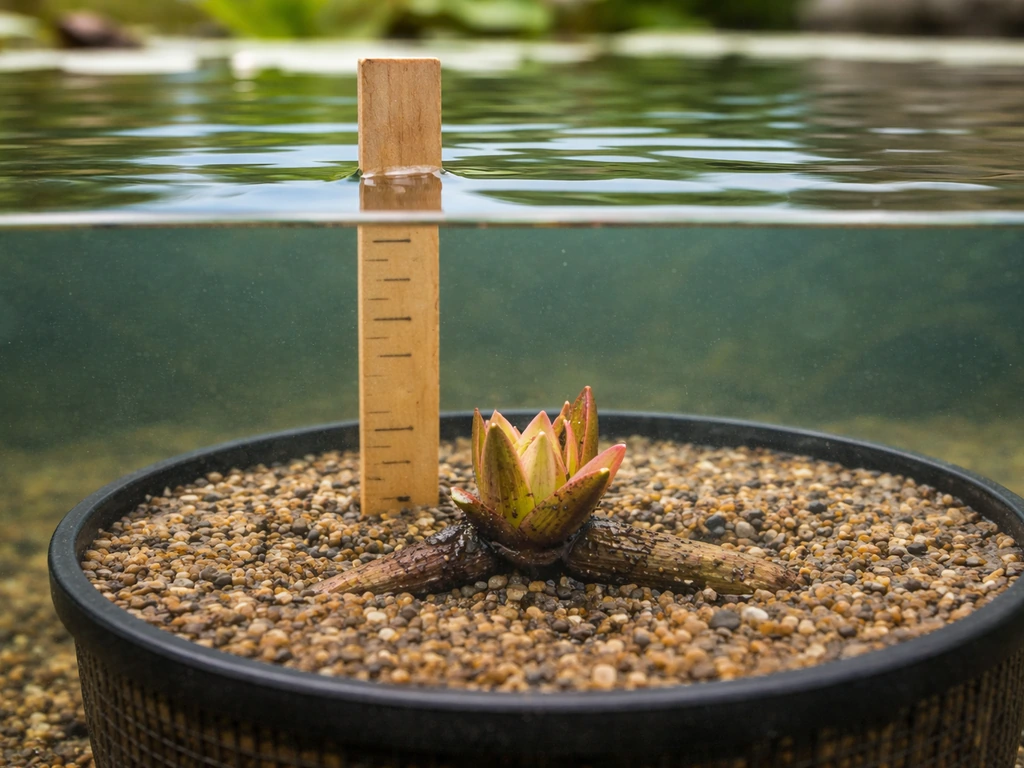 Close-up of a water lily crown positioned correctly with water above it and rhizome anchored in a basket.