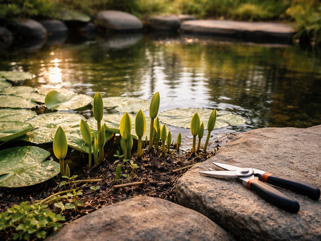 Outdoor pond with water lilies and new shoots beside a small pruning tool, morning sun on the lily bed