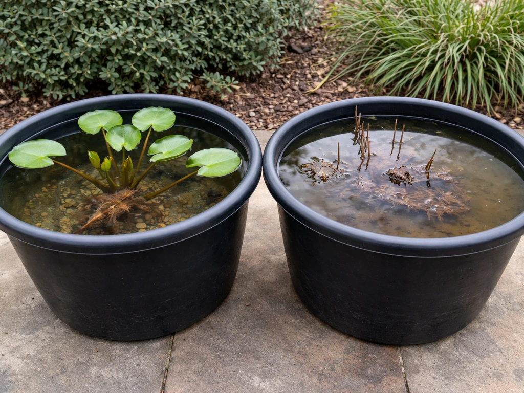 Two small pond containers showing hardy and tropical lily growth differences side by side