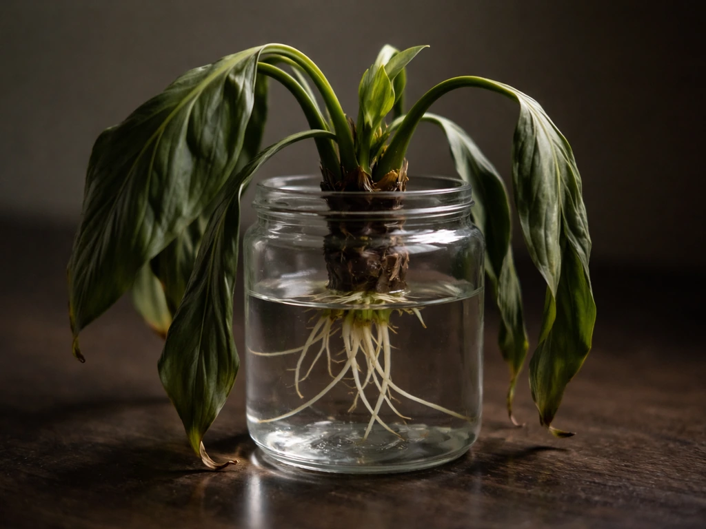 Peace lily with drooping leaves, with new roots starting to grow in water for recovery.