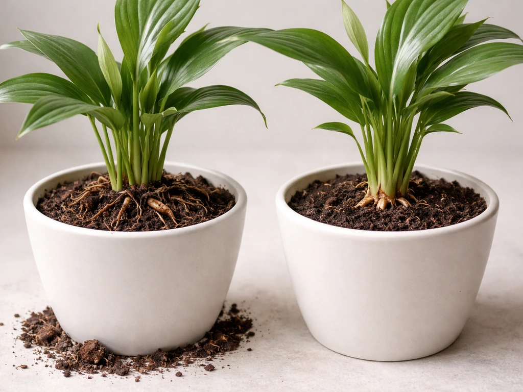 Two peace lily root-ball situations side-by-side: damaged snapped roots vs mostly intact crown with missing roots.