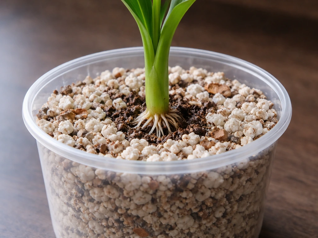 Close-up of a peace lily cutting inserted in a small pot of lightly moistened perlite/soil mix.