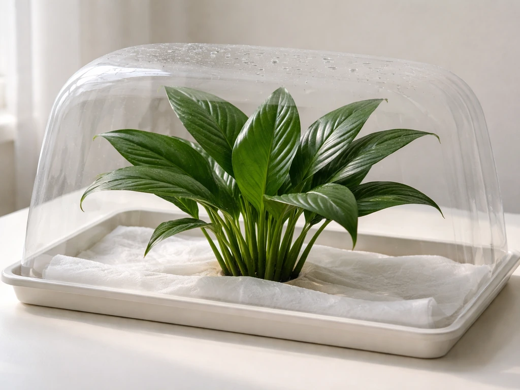 Rootless peace lily leaves supported under a clear humidity cover in bright indirect light