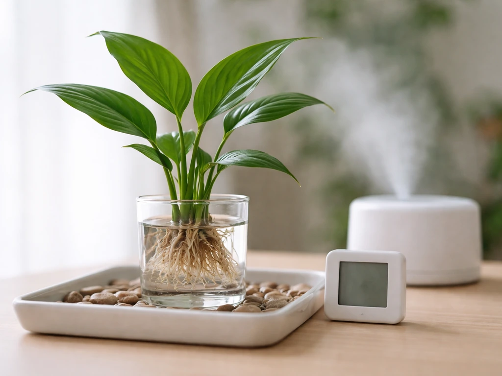 Rootless peace lily beside a hygrometer and damp-pebble humidity tray in natural indoor light.